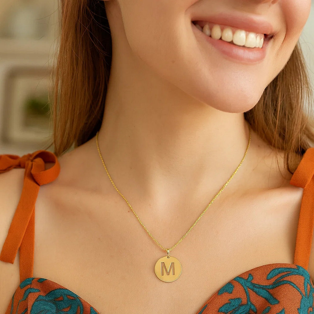 14K Yellow Gold Disc Initial M Pendant