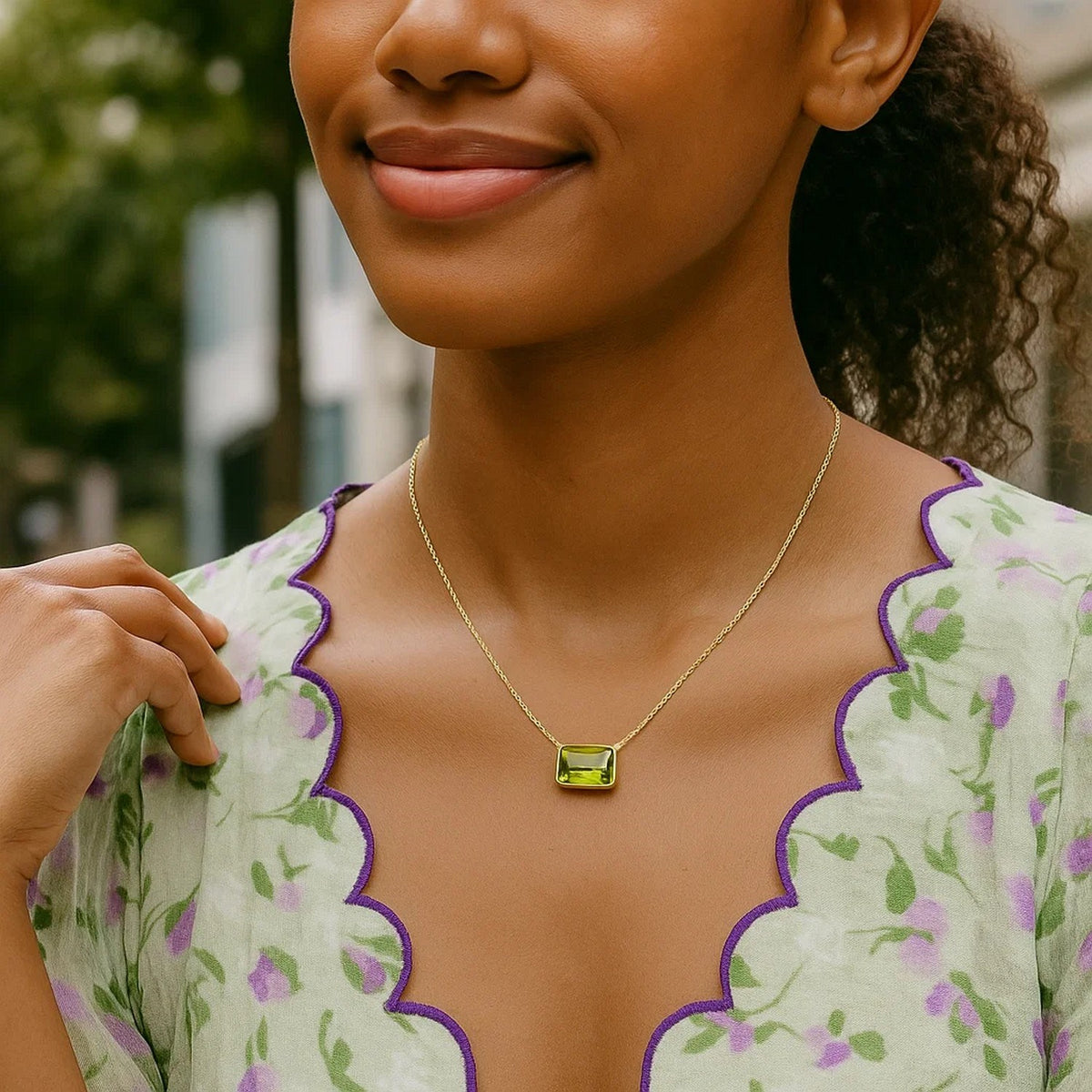14K Yellow Gold Emerald Cut Peridot Necklace