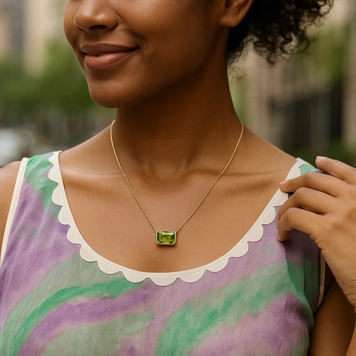 14K Yellow Gold Emerald Cut Peridot Necklace