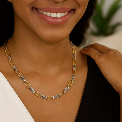 14K Two Tone Gold Diamante Paperclip Necklace (6.20 mm)