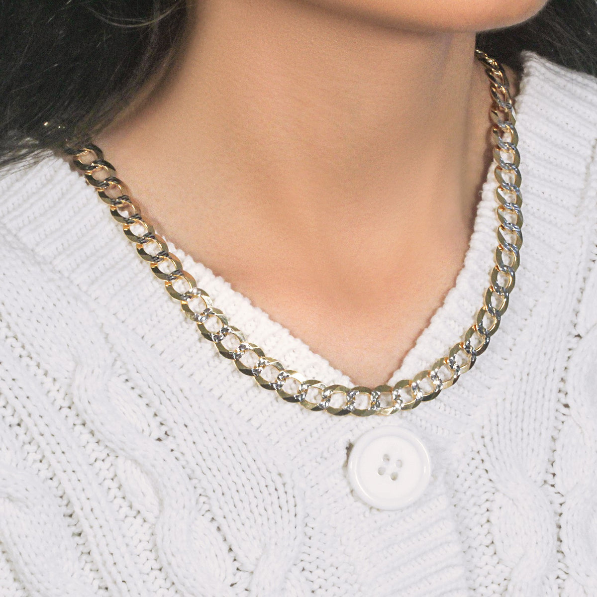 10 mm 14k Two Tone Gold Pave Curb Chain (9.70 mm)