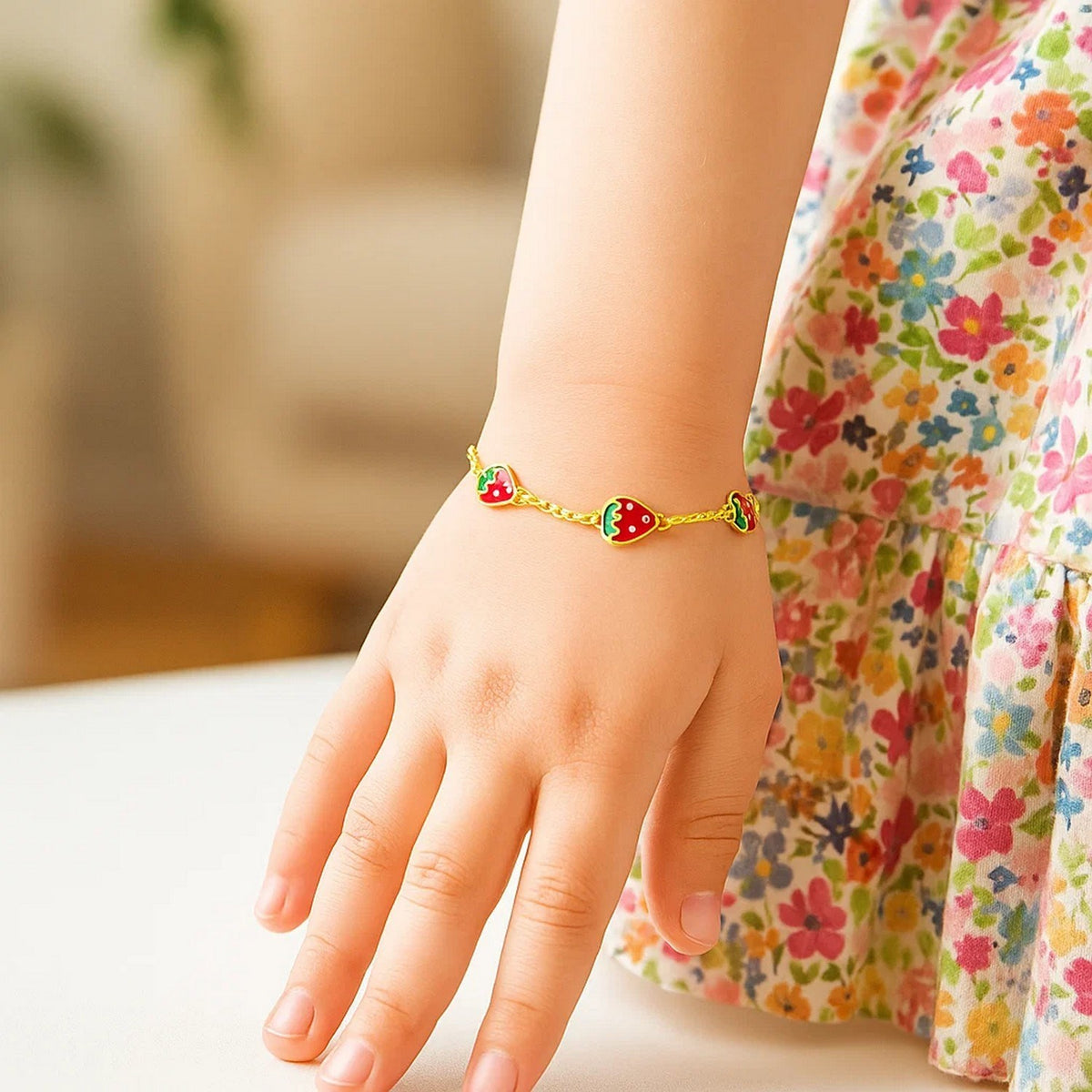 14k Yellow Gold Childrens Bracelet with Enameled Strawberries(1.00 mm)