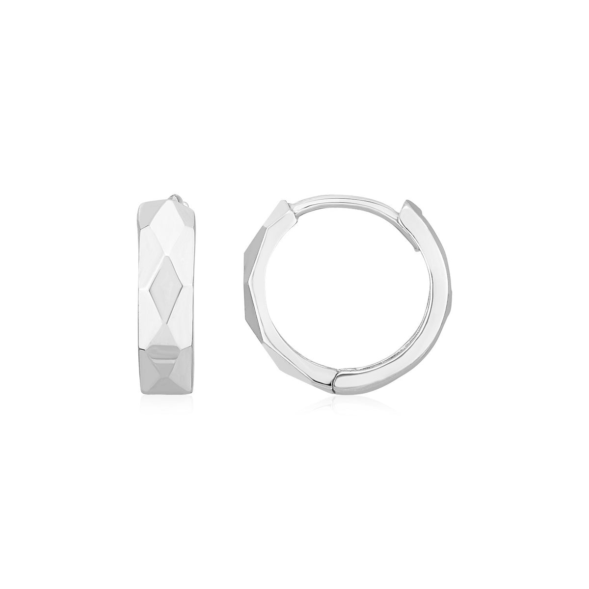 14K Diamond Motif Faceted Huggie Earrings