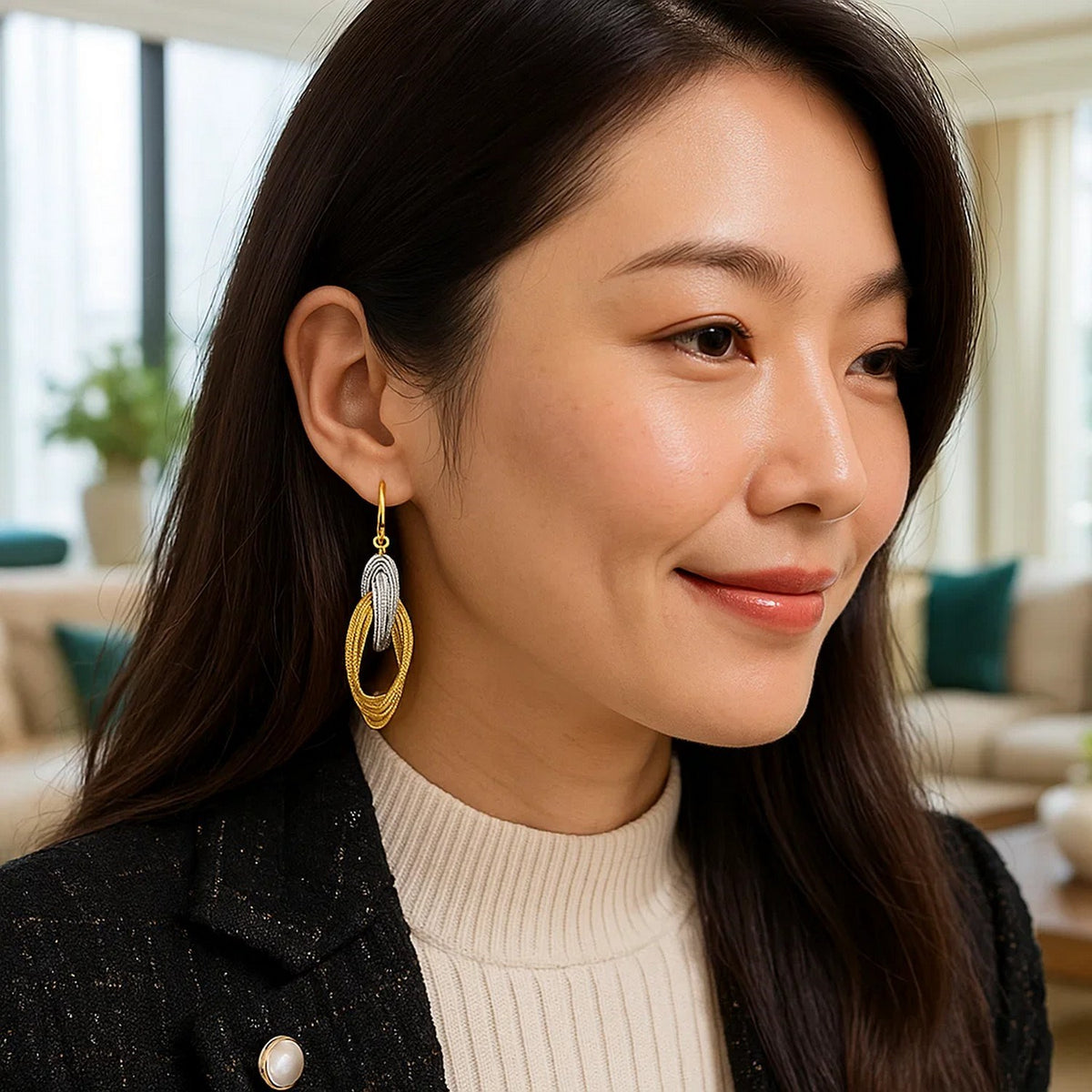 14k Two-Tone Gold Interlaced Multiple Row Earrings