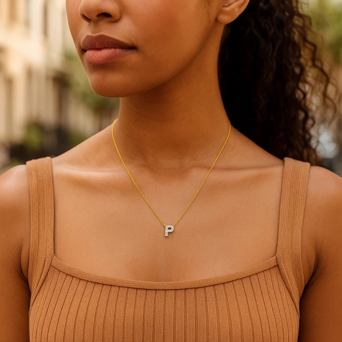 14K Yellow Gold Mini Diamond P Initial Pendant Necklace