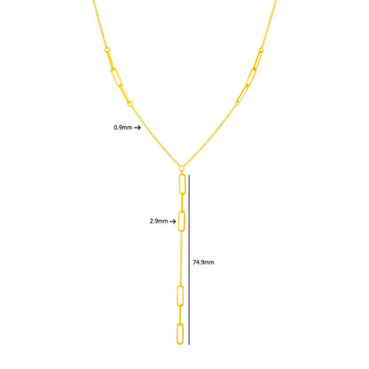 14K Yellow Gold Lariat Necklace with Paperclip Chain Stations
