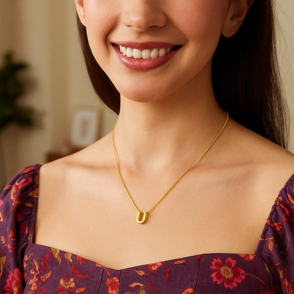 14K Yellow Gold Yours Truly Block Letter Initial U Necklace