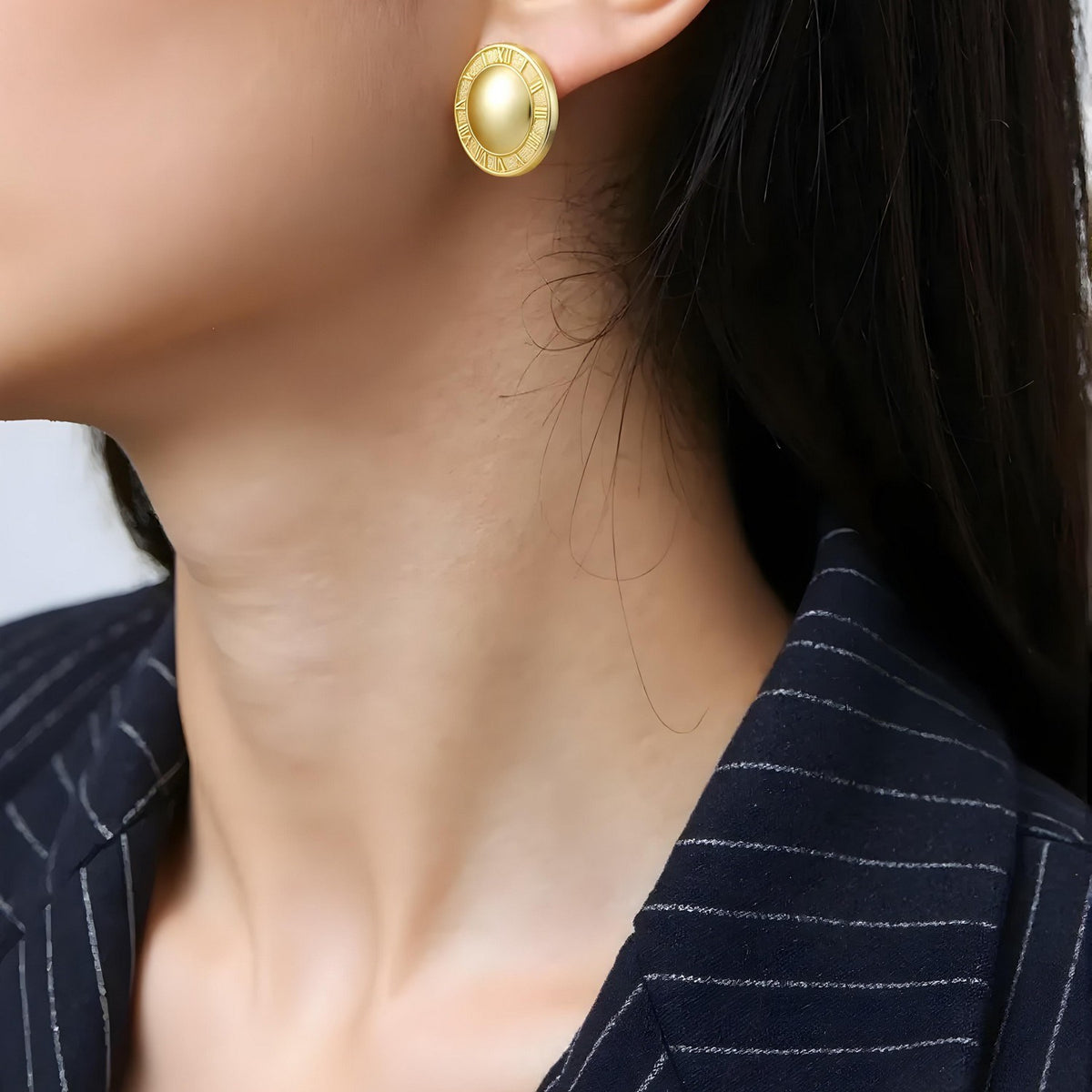 14K Yellow Gold Roman Numeral Button Stud Earrings