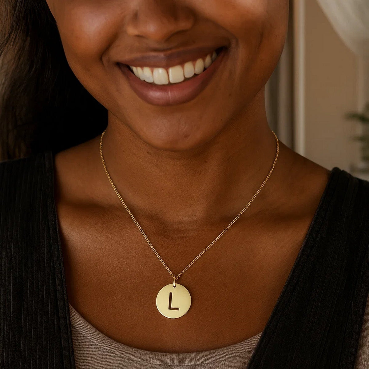 14K Yellow Gold Disc Initial L Pendant