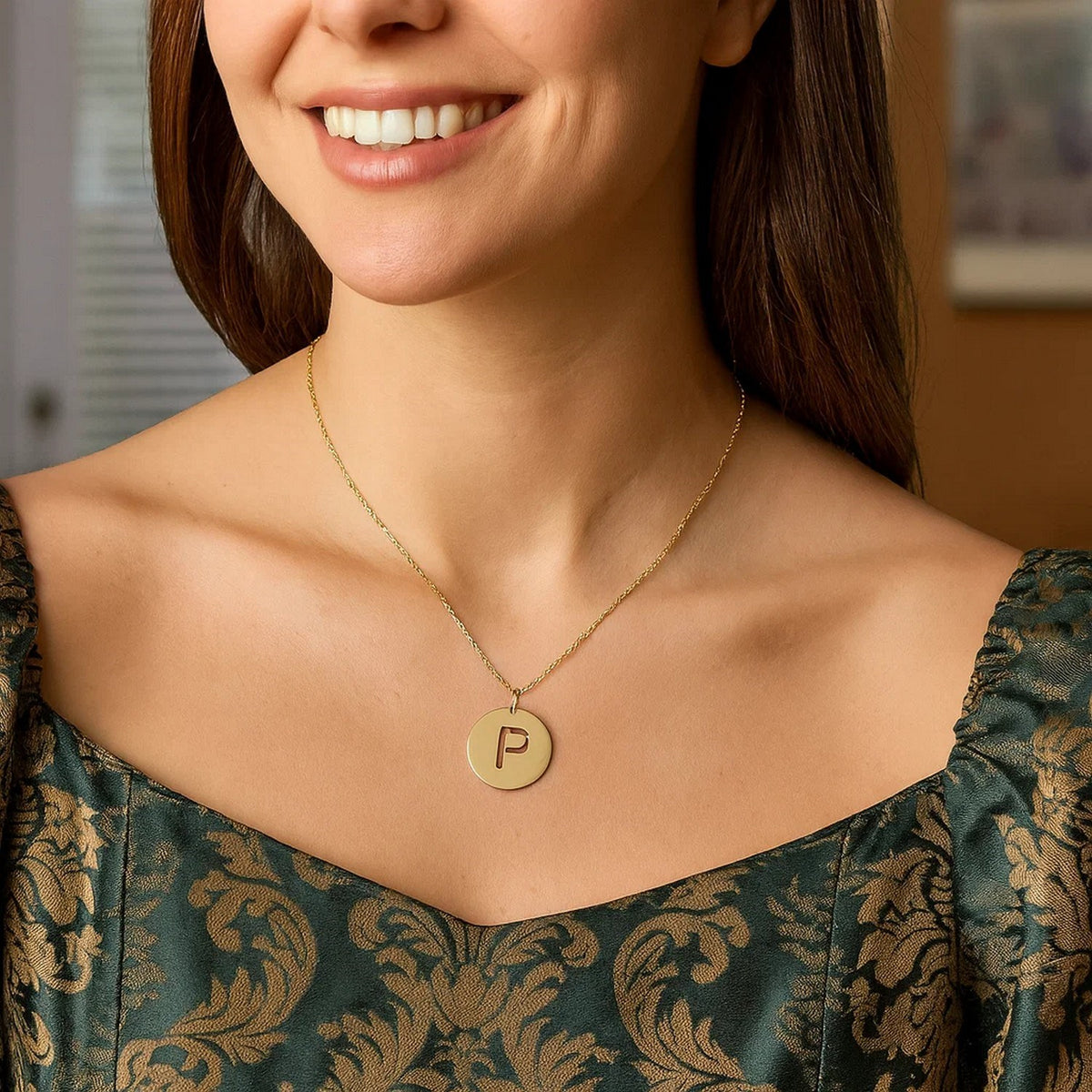 14K Yellow Gold Disc Initial P Pendant