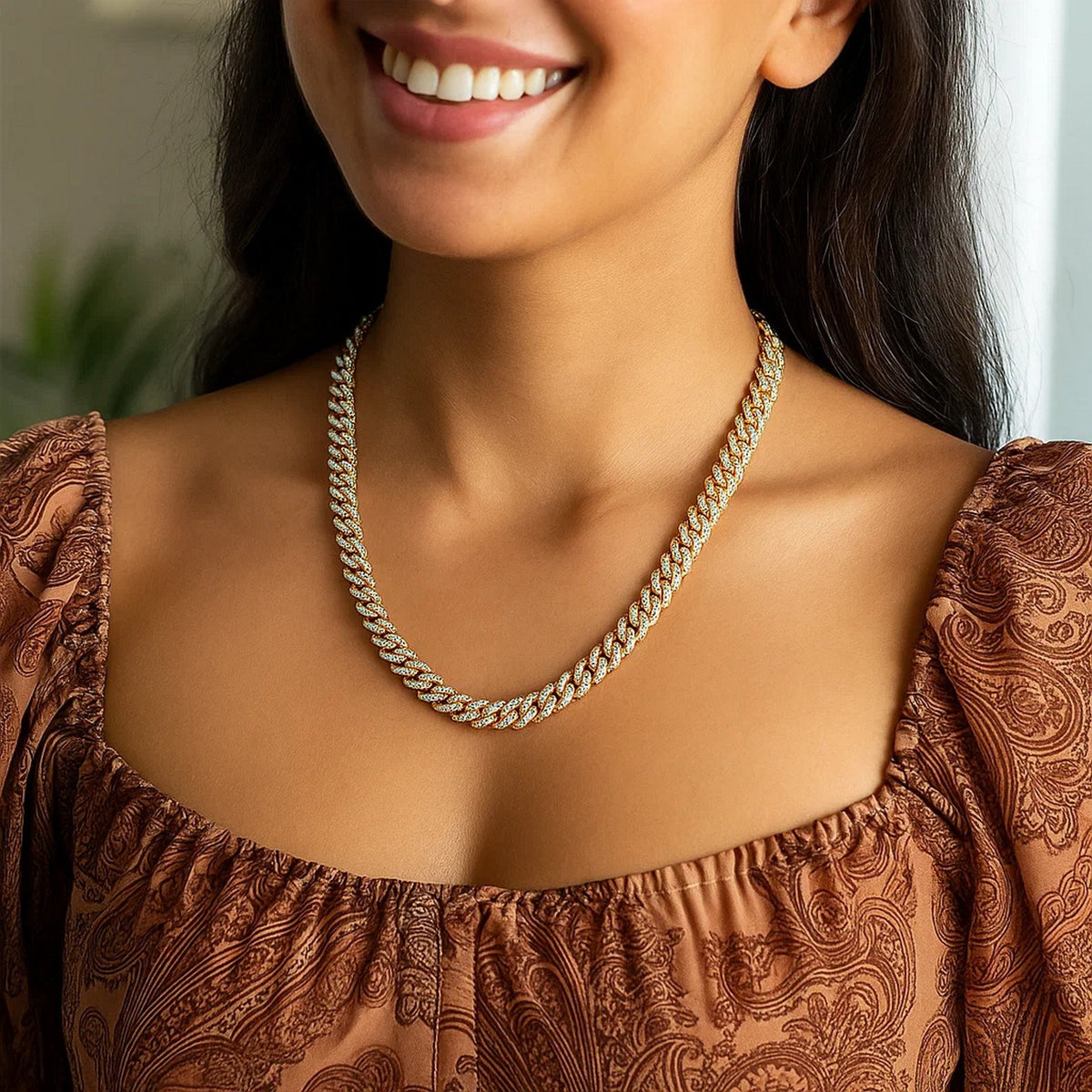 14k White Pave High Polish Modern Lite Miami Cuban Chain