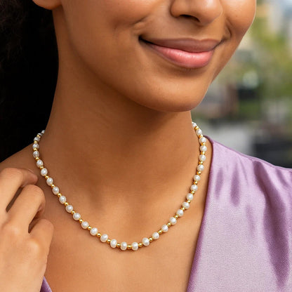 Pearl and Gold Alternating Bead Necklace in 14K Yellow Gold
