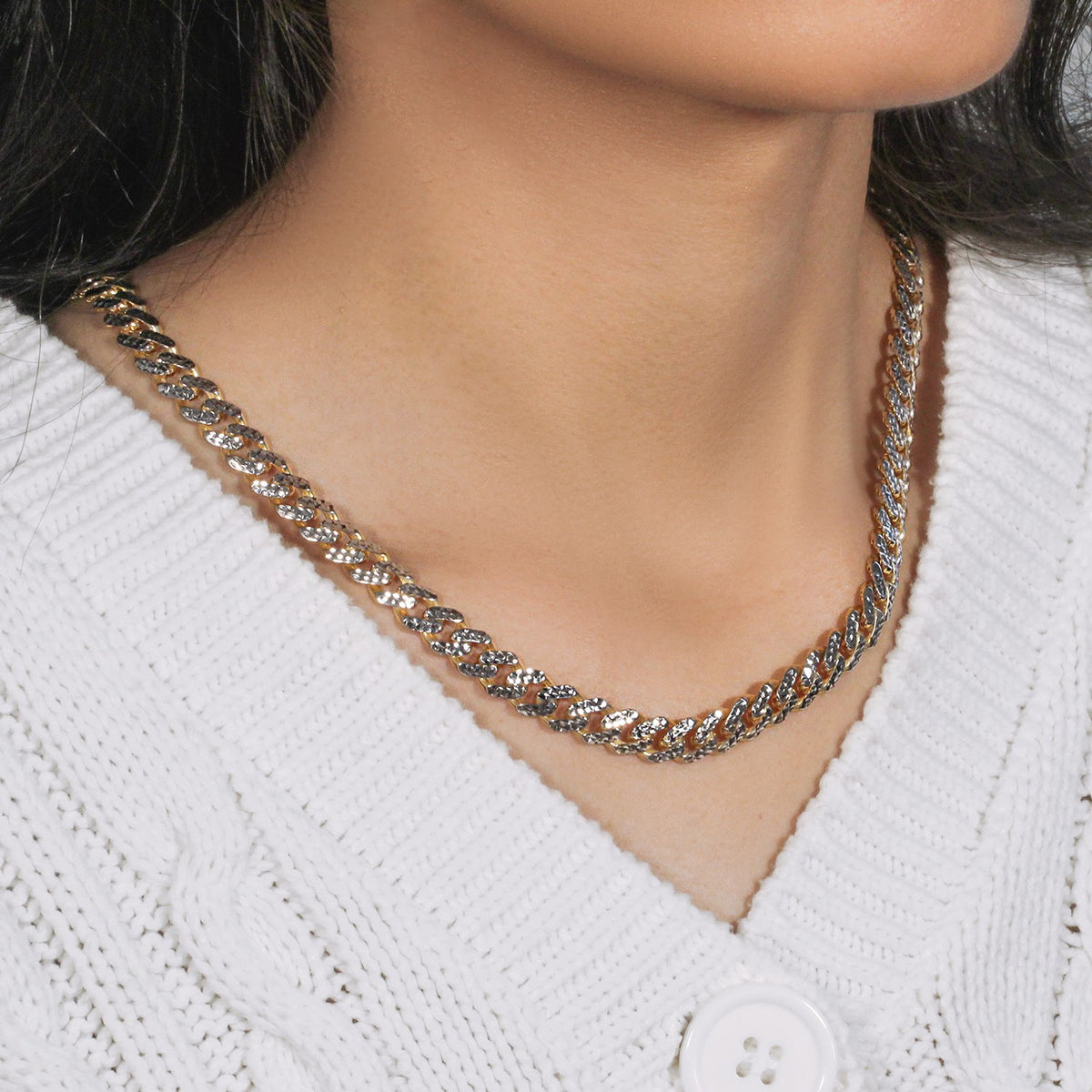 14k White Pave High Polish Modern Lite Miami Cuban Chain