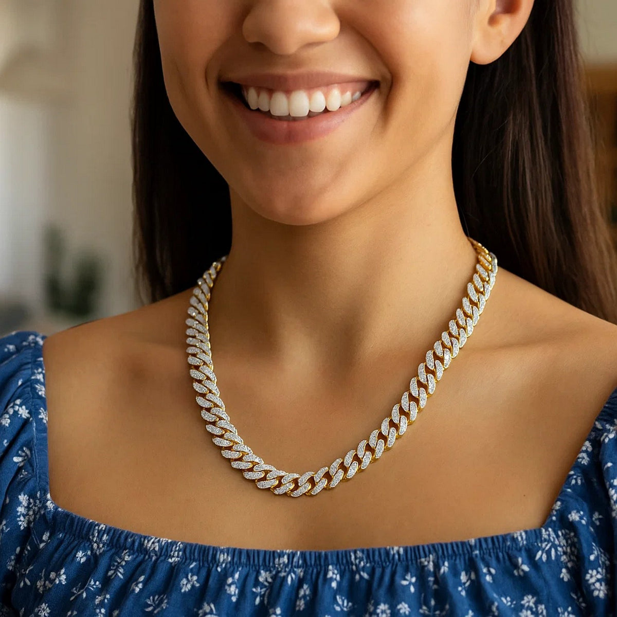 14k White Pave High Polish Modern Lite Miami Cuban Chain