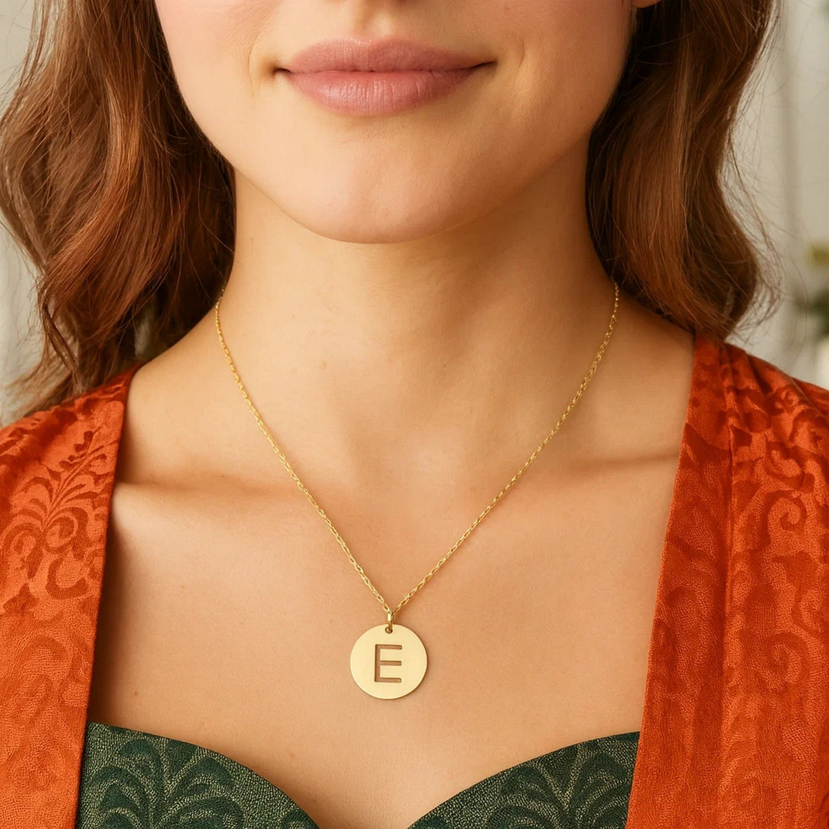 14K Yellow Gold Disc Initial E Pendant
