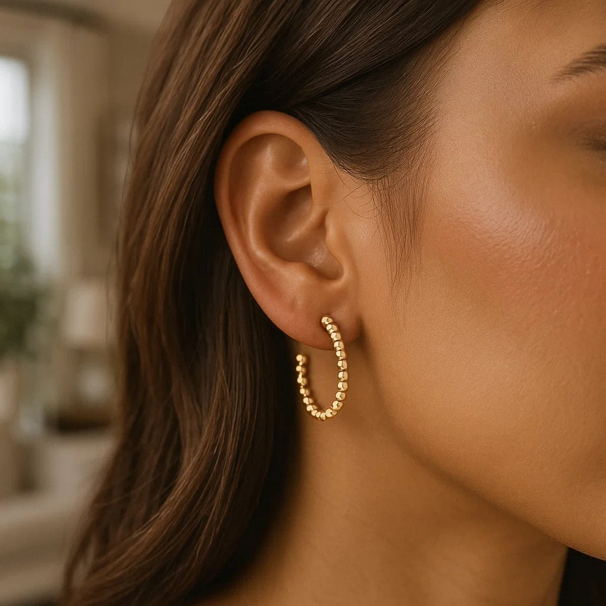 14K Yellow Gold Bead Hoop Earrings