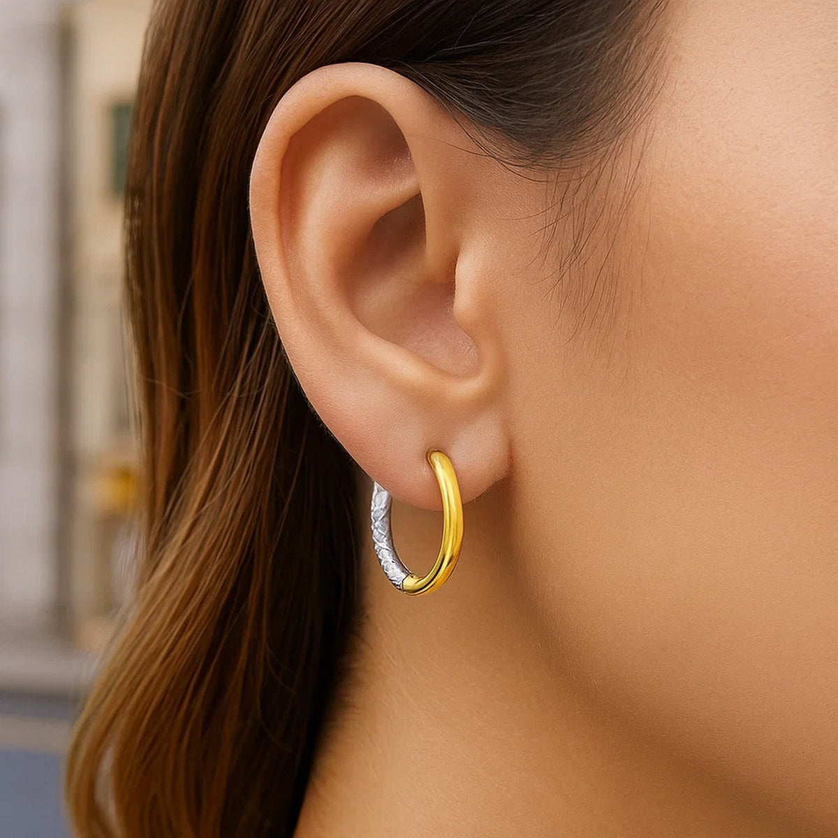 14k Two-Tone Gold Hoop Earrings with Textured Style