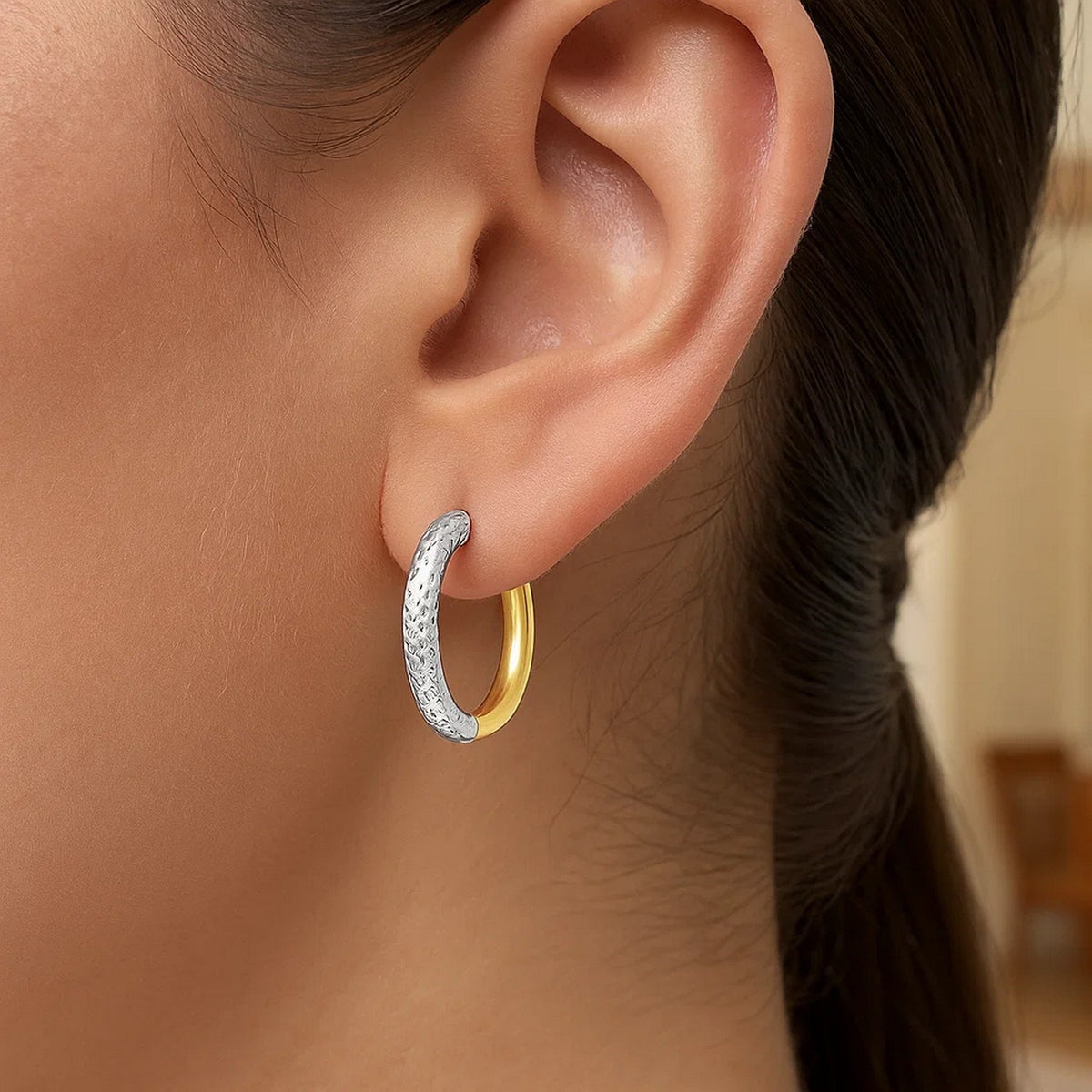 14k Two-Tone Gold Hoop Earrings with Textured Style