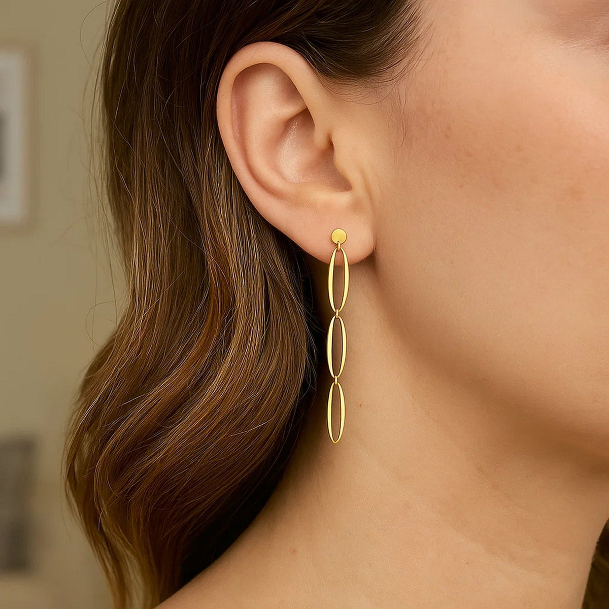 14K Yellow Gold Triple Oval Fancy Drop Earrings