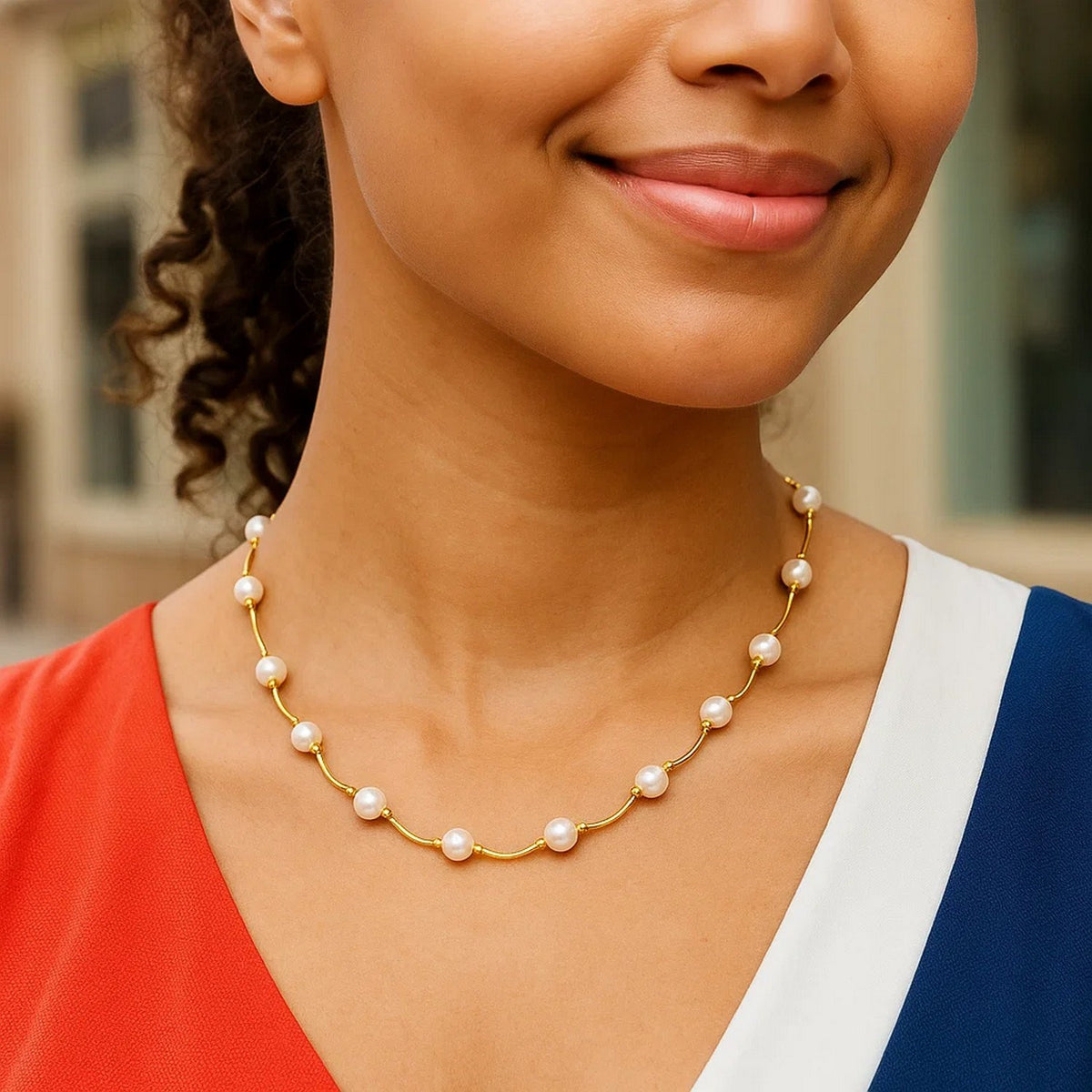 14k Arc Link Necklace with White Pearls