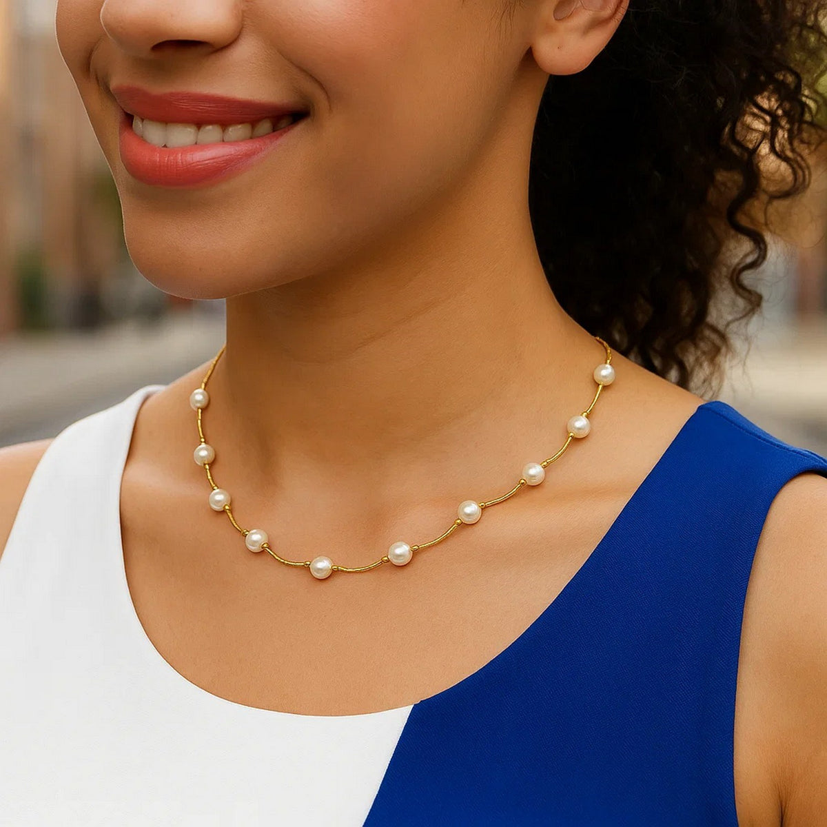 14k Arc Link Necklace with White Pearls