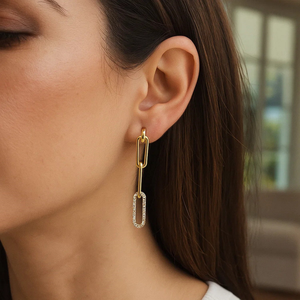 14k Yellow Gold Paperclip Chain Dangle Earrings with Diamonds