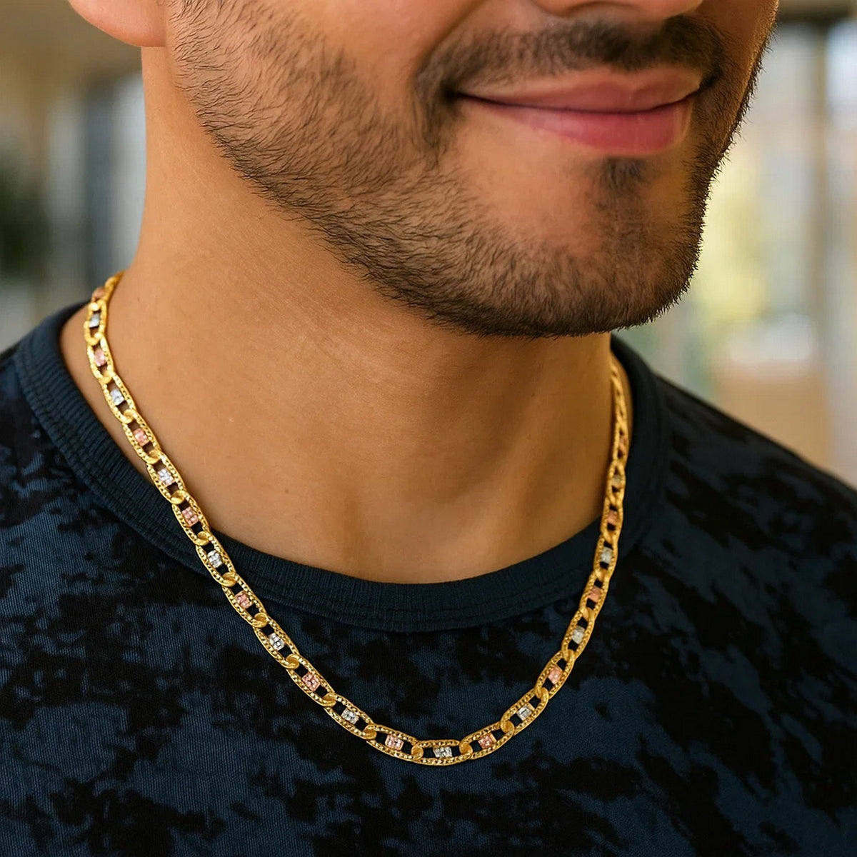 14K Tri Color Gold Pave Valentino Chain