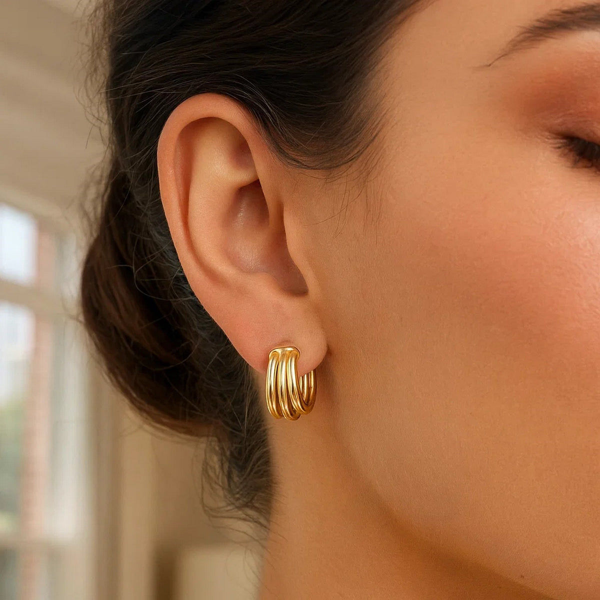 14K Yellow Gold Large Triple Row Hoop Earrings