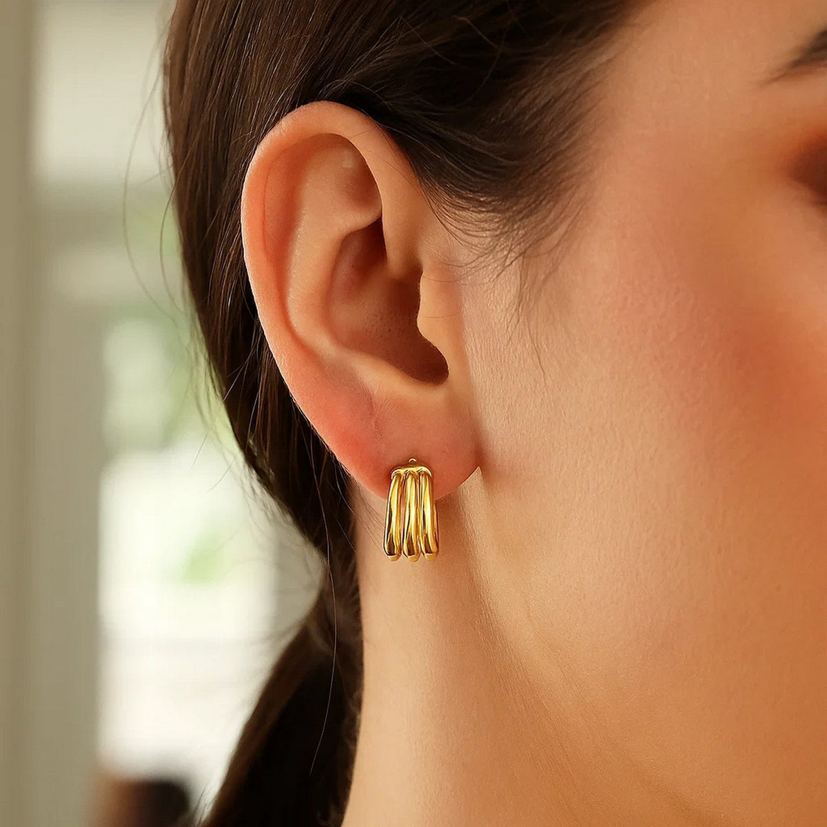 14K Yellow Gold Large Triple Row Hoop Earrings