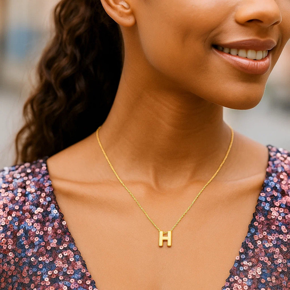 14K Yellow Gold Yours Truly Block Letter Initial H Necklace