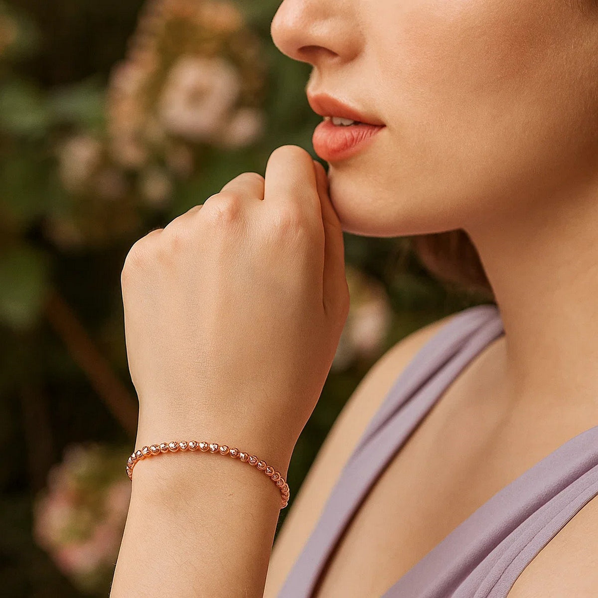 14K Rose Gold Diamond Cut Stretchable Moon Cut Bead Bracelet (3.00 mm)