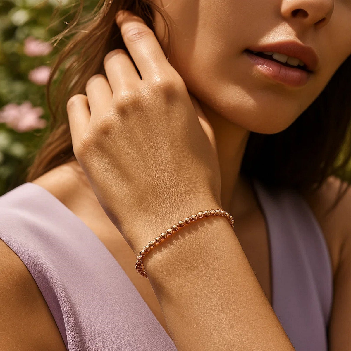 14K Rose Gold Diamond Cut Stretchable Moon Cut Bead Bracelet (3.00 mm)