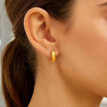 14K Diamond Motif Faceted Huggie Earrings