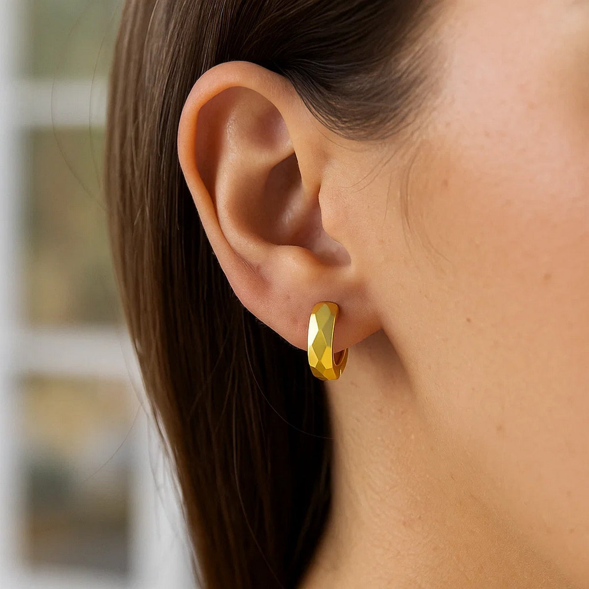14K Diamond Motif Faceted Huggie Earrings