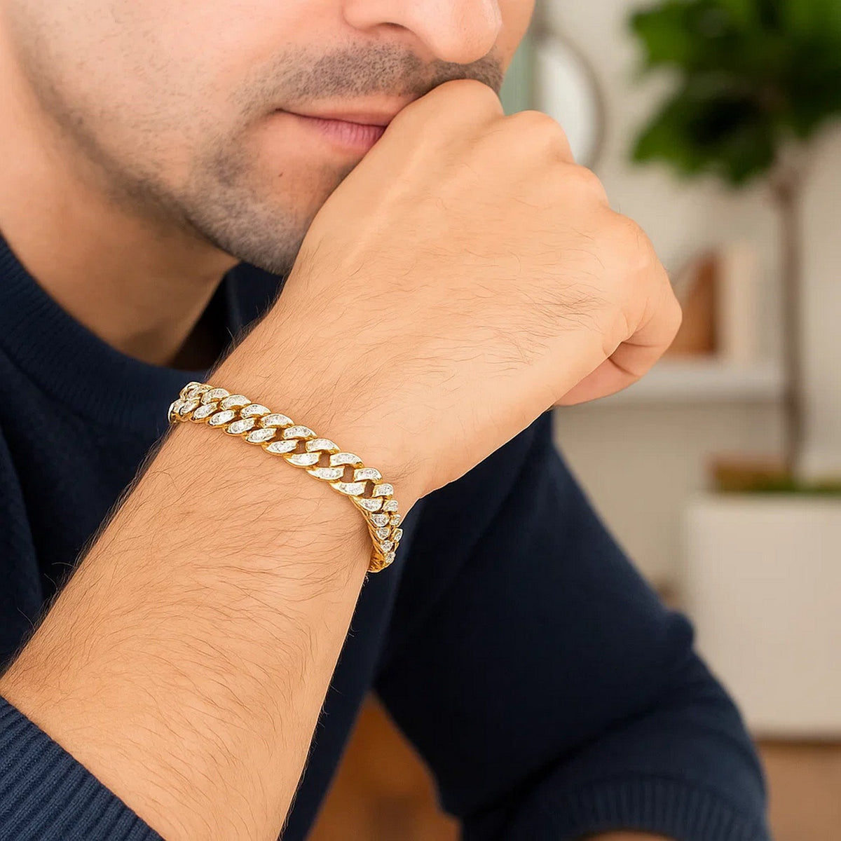 14k White Pave High Polish Modern Lite Miami Cuban Bracelet(6.50 mm)