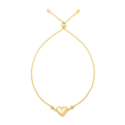 Adjustable Puffed Heart Draw String Bracelet in 14K Yellow Gold
