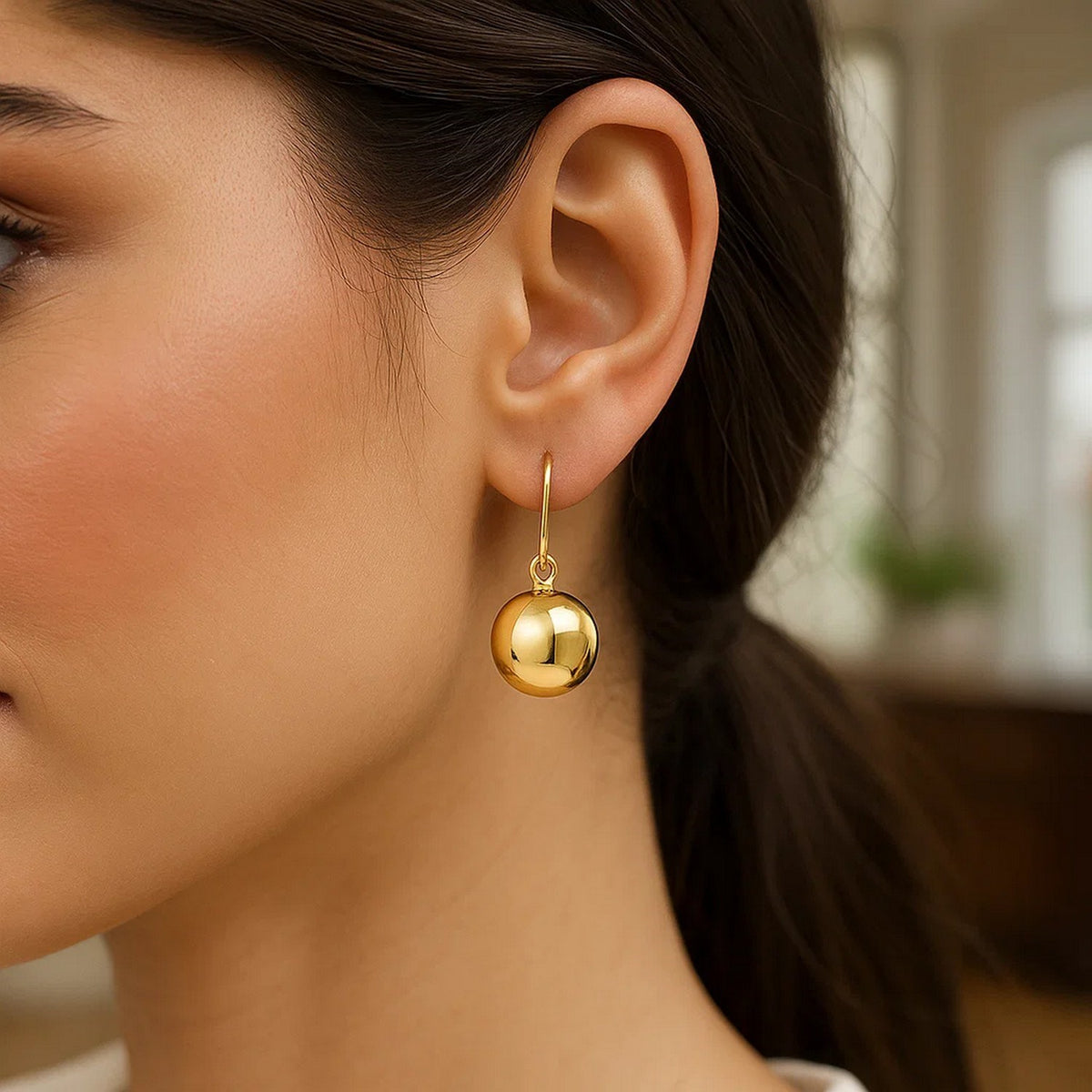 14k Yellow Gold Puffed Circle Shape Drop Earrings