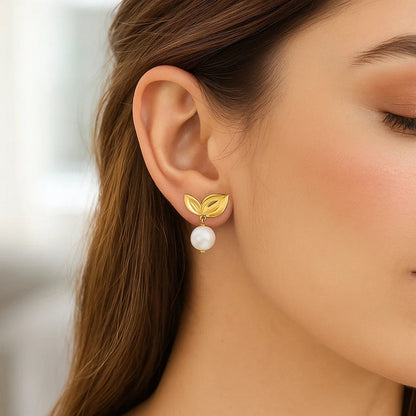 Pearl Drop Earrings with Cherry Leaf in 14K Yellow Gold