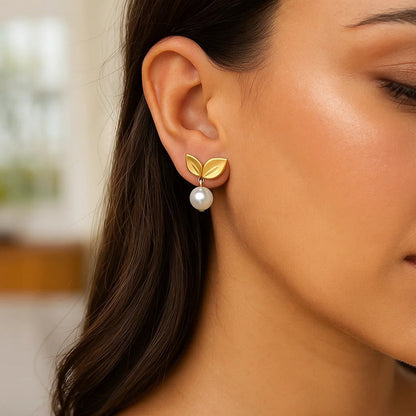 Pearl Drop Earrings with Cherry Leaf in 14K Yellow Gold