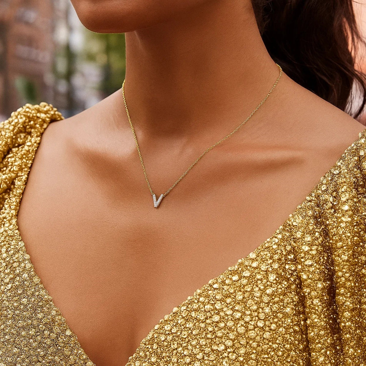 14K Yellow Gold Mini Diamond V Initial Pendant Necklace