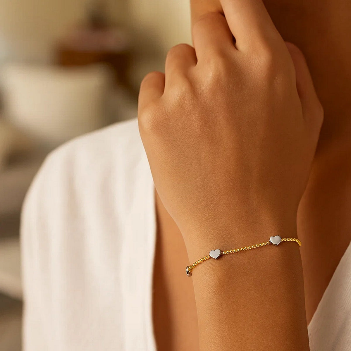 14K Yellow and Heart Bead Bracelet