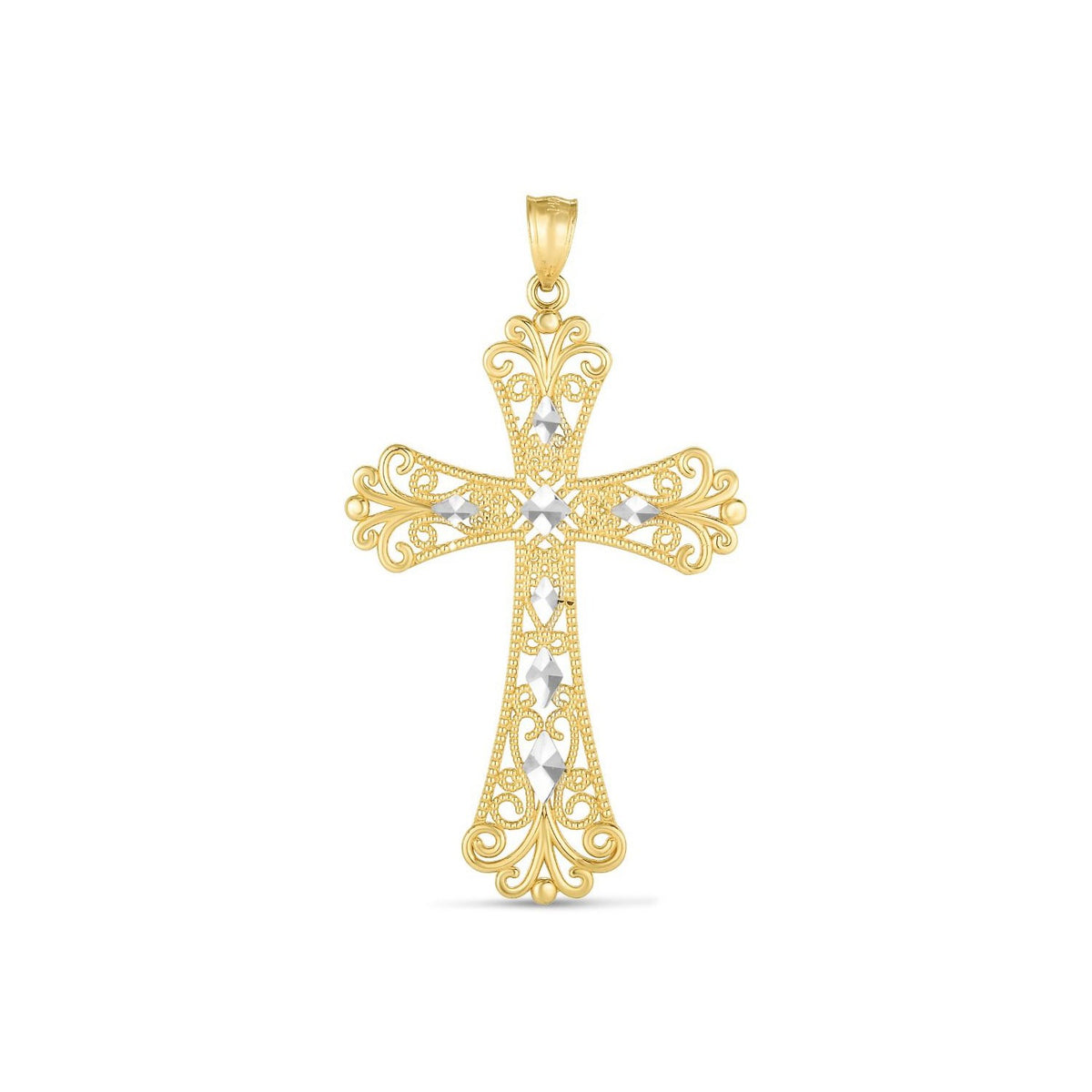 14k Two Tone Gold High Polish Diamond Cut Cross Pendant - 0302