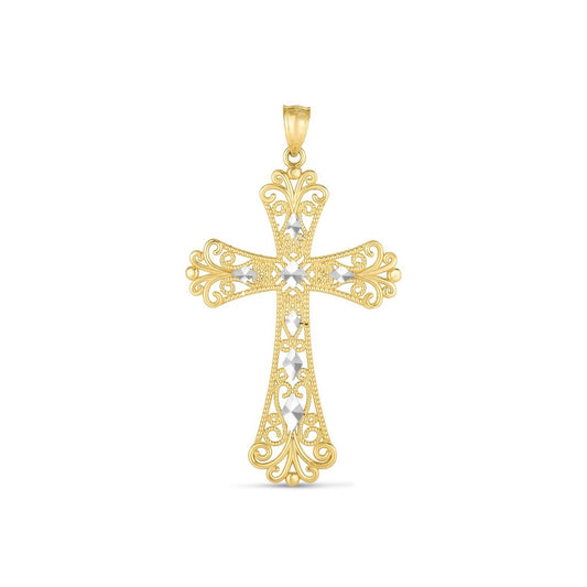 14k Two Tone Gold High Polish Diamond Cut Cross Pendant - 0302
