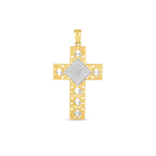 14k Two Tone Gold High Polish Diamond Cut Cross Pendant - 4993