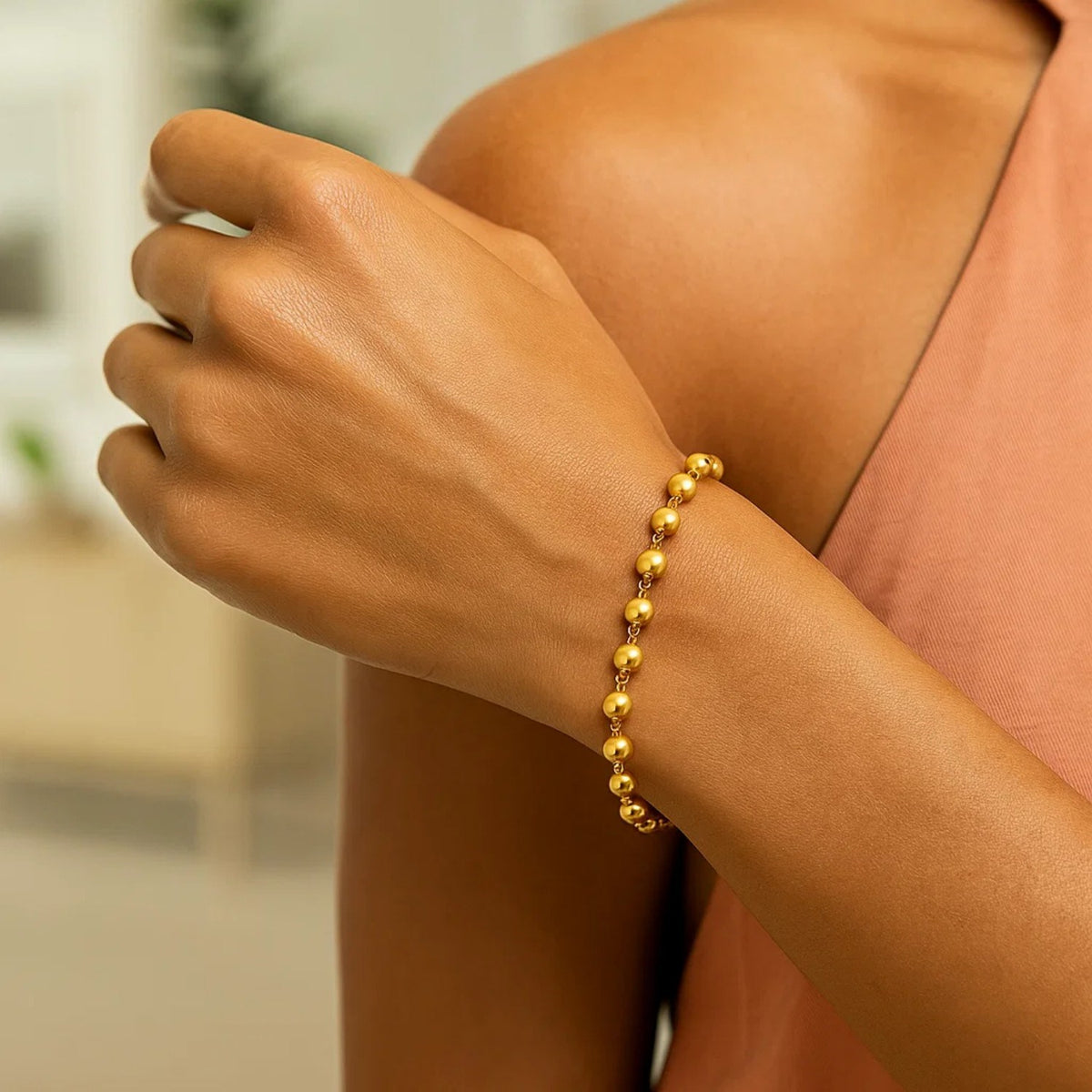 14K Yellow Gold Polished Pebble Bead Bracelet (6.00 mm)