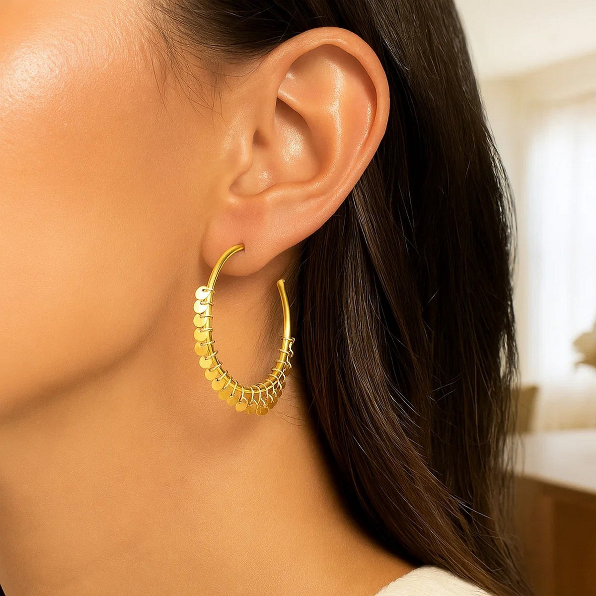 14k Yellow Gold Hoop Style Earrings with Dangling Sequins
