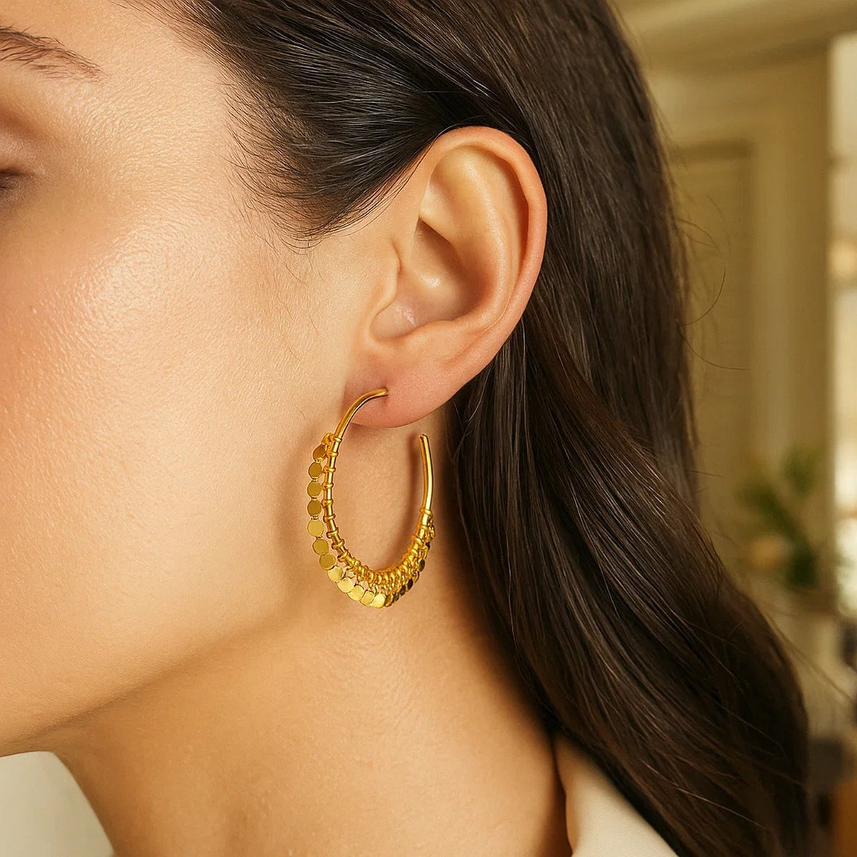 14k Yellow Gold Hoop Style Earrings with Dangling Sequins