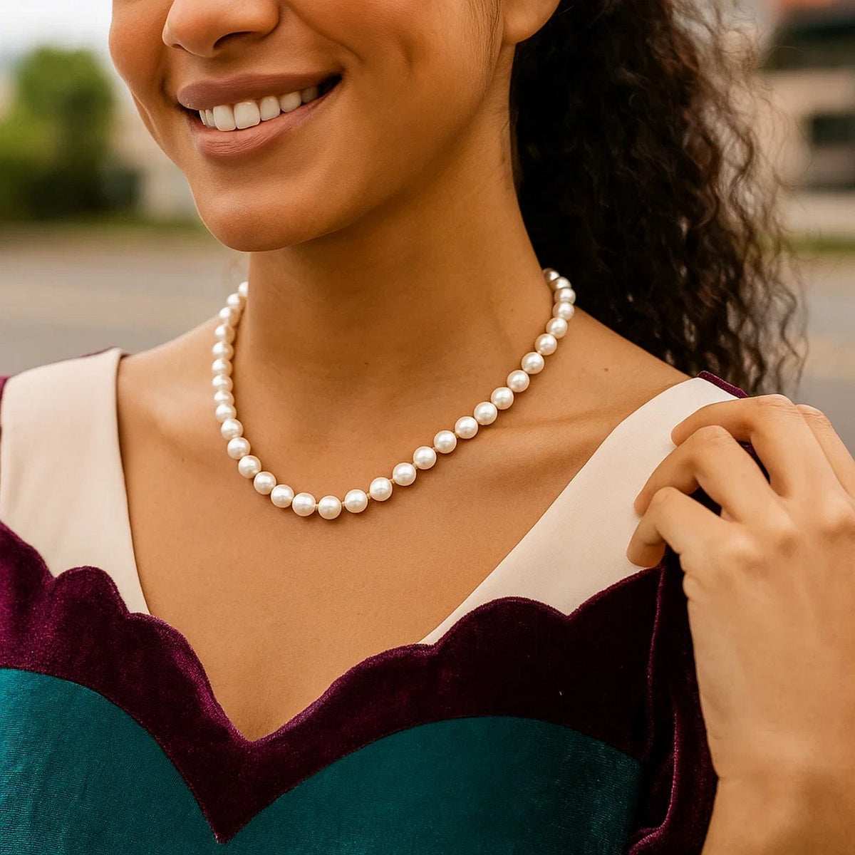 Pearl Necklace with Ball Clasp in 14K Yellow Gold