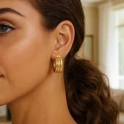 14K Yellow Gold Triple Row Oval Hoop Earrings