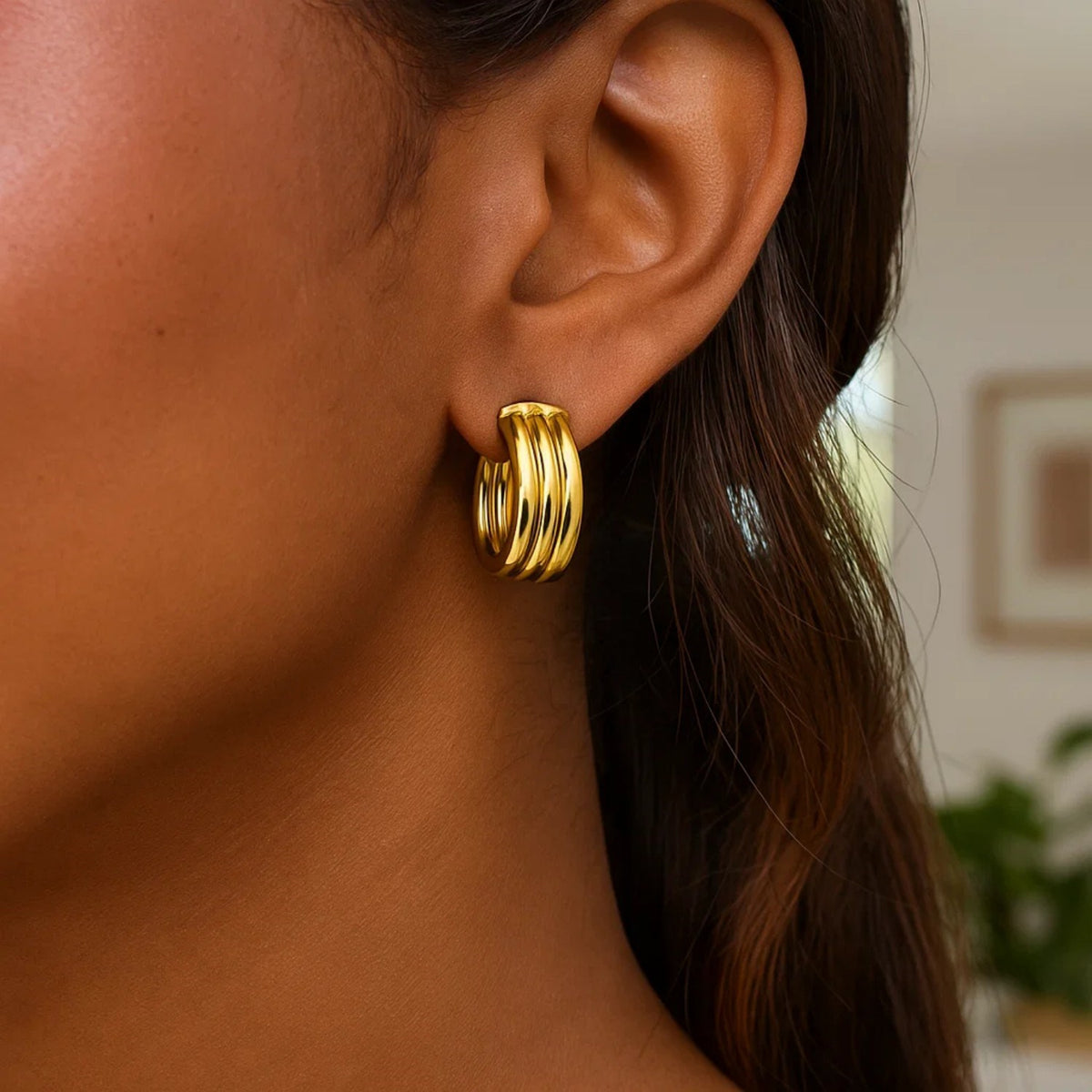 14K Yellow Gold Triple Row Oval Hoop Earrings